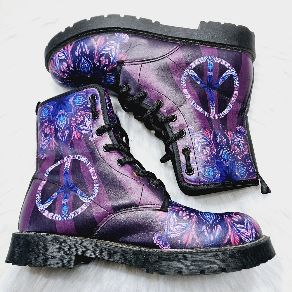 Unisex Purple Peace Symbol Biker Combat‎ Boots SIZE M6/F8 Lace-up Vegan Leather